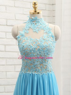 High End Halter Top Sleeveless Backless Prom Dresses Baby Blue Chiffon