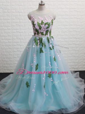 Tulle Sleeveless Pageant Dress for Teens Brush Train and Appliques