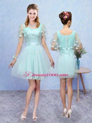 A-line Wedding Guest Dresses Aqua Blue Halter Top Tulle Cap Sleeves Mini Length Lace Up