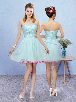 A-line Wedding Guest Dresses Aqua Blue Halter Top Tulle Cap Sleeves Mini Length Lace Up