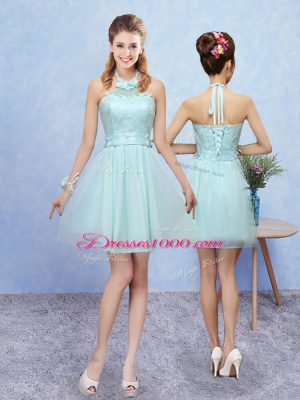 A-line Wedding Guest Dresses Aqua Blue Halter Top Tulle Cap Sleeves Mini Length Lace Up