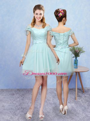 A-line Wedding Guest Dresses Aqua Blue Halter Top Tulle Cap Sleeves Mini Length Lace Up