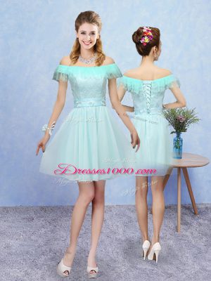 A-line Wedding Guest Dresses Aqua Blue Halter Top Tulle Cap Sleeves Mini Length Lace Up