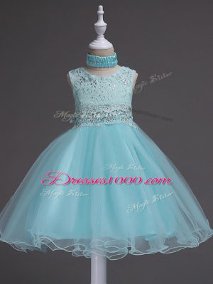 Aqua Blue Organza Zipper Scoop Sleeveless Knee Length Little Girl Pageant Gowns Beading and Lace