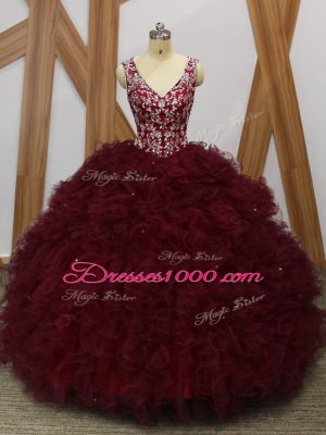 Sleeveless Organza Floor Length Backless Quinceanera Dress in Burgundy with Beading and Ruffles
