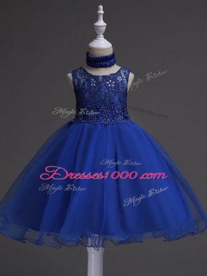 Royal Blue Ball Gowns Beading and Lace Little Girl Pageant Gowns Zipper Organza Sleeveless Knee Length