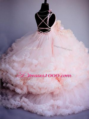 Gorgeous Baby Pink Spaghetti Straps Criss Cross Ruffles and Hand Made Flower Little Girls Pageant Dress Wholesale Brush Train Sleeveless