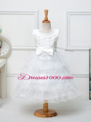 White Ball Gowns Scoop Sleeveless Organza Tea Length Zipper Ruffled Layers and Bowknot Pageant Gowns For Girls
