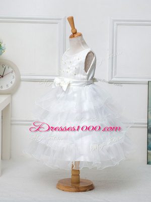 White Ball Gowns Scoop Sleeveless Organza Tea Length Zipper Ruffled Layers and Bowknot Pageant Gowns For Girls