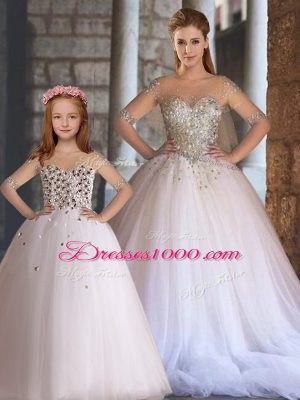 Fantastic Floor Length White 15th Birthday Dress Tulle Half Sleeves Beading