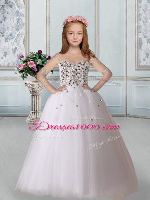 Fantastic Floor Length White 15th Birthday Dress Tulle Half Sleeves Beading