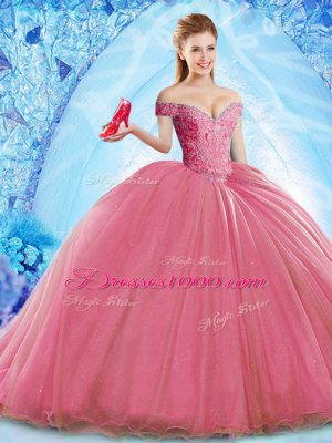 Flirting Brush Train Ball Gowns Quinceanera Dresses Coral Red Off The Shoulder Organza Sleeveless Lace Up