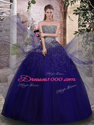 Extravagant Royal Blue Lace Up Strapless Beading Sweet 16 Quinceanera Dress Tulle Sleeveless
