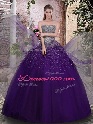 Beading Quinceanera Dresses Purple Lace Up Sleeveless Floor Length