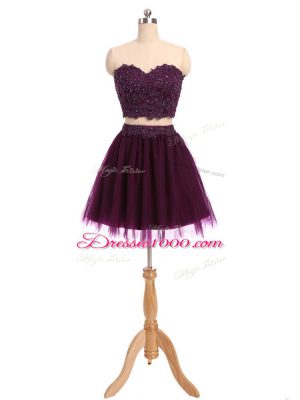 Comfortable Tulle Sweetheart Sleeveless Zipper Beading and Appliques Prom Evening Gown in Dark Purple