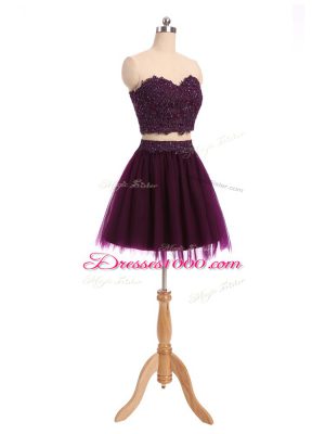 Comfortable Tulle Sweetheart Sleeveless Zipper Beading and Appliques Prom Evening Gown in Dark Purple