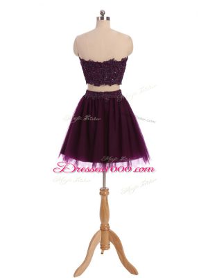 Comfortable Tulle Sweetheart Sleeveless Zipper Beading and Appliques Prom Evening Gown in Dark Purple