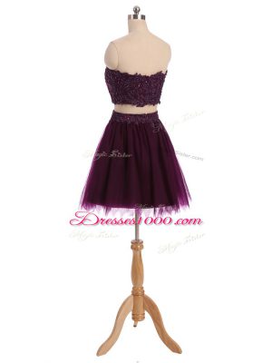 Comfortable Tulle Sweetheart Sleeveless Zipper Beading and Appliques Prom Evening Gown in Dark Purple