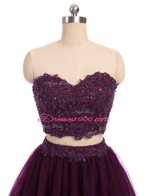 Comfortable Tulle Sweetheart Sleeveless Zipper Beading and Appliques Prom Evening Gown in Dark Purple