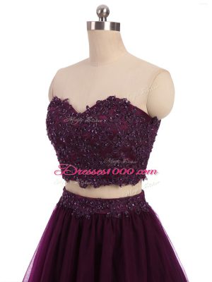 Comfortable Tulle Sweetheart Sleeveless Zipper Beading and Appliques Prom Evening Gown in Dark Purple