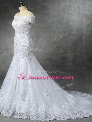 Admirable Sleeveless Lace Brush Train Zipper Wedding Dress in White with Beading and Lace and Appliques