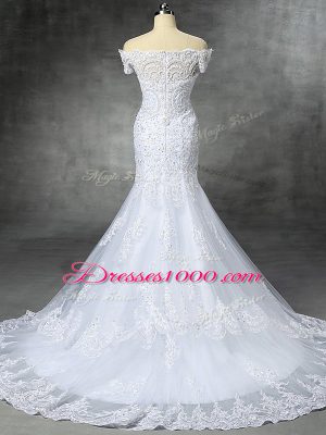 Admirable Sleeveless Lace Brush Train Zipper Wedding Dress in White with Beading and Lace and Appliques