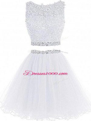 Customized Scoop Sleeveless Dress for Prom Mini Length Beading and Lace and Appliques White Tulle
