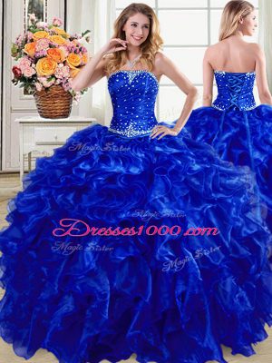 Royal Blue Strapless Lace Up Beading and Ruffles Sweet 16 Quinceanera Dress Sleeveless