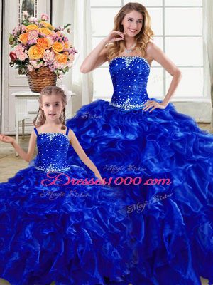 Royal Blue Strapless Lace Up Beading and Ruffles Sweet 16 Quinceanera Dress Sleeveless