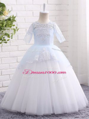 Fashion Blue And White Ball Gowns Appliques Little Girls Pageant Dress Clasp Handle Tulle Half Sleeves Floor Length