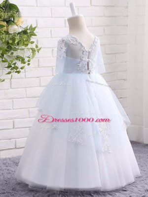 Fashion Blue And White Ball Gowns Appliques Little Girls Pageant Dress Clasp Handle Tulle Half Sleeves Floor Length