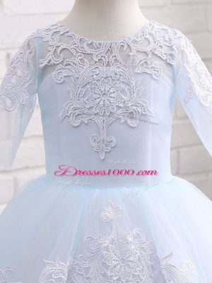 Fashion Blue And White Ball Gowns Appliques Little Girls Pageant Dress Clasp Handle Tulle Half Sleeves Floor Length