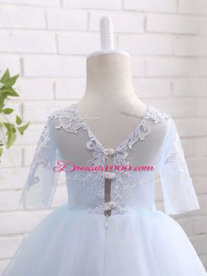 Fashion Blue And White Ball Gowns Appliques Little Girls Pageant Dress Clasp Handle Tulle Half Sleeves Floor Length