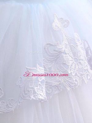 Fashion Blue And White Ball Gowns Appliques Little Girls Pageant Dress Clasp Handle Tulle Half Sleeves Floor Length
