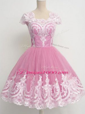 Low Price Knee Length Rose Pink Bridesmaid Dresses Square Cap Sleeves Zipper