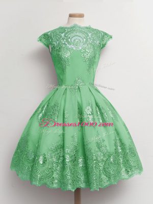 Low Price Knee Length Green Quinceanera Court Dresses Scalloped Cap Sleeves Lace Up