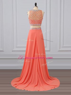 Watermelon Red Sleeveless Brush Train Beading Prom Dress