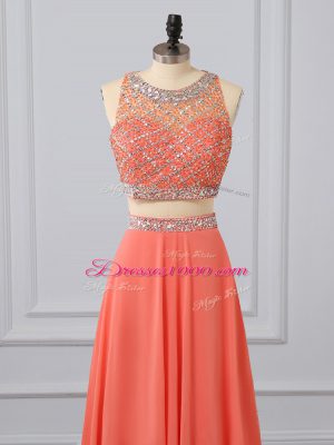 Watermelon Red Sleeveless Brush Train Beading Prom Dress