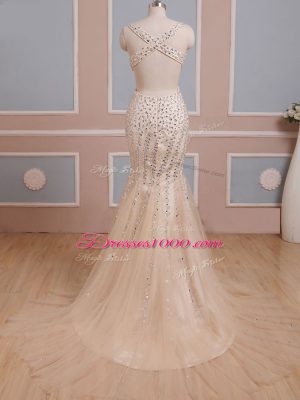 Champagne V-neck Criss Cross Beading Going Out Dresses Brush Train Sleeveless