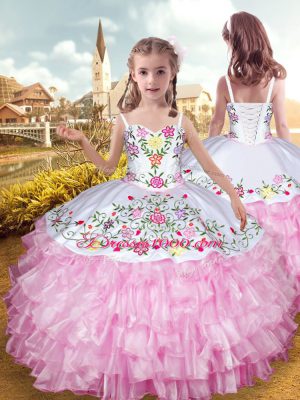 Rose Pink Straps Neckline Embroidery and Ruffled Layers Pageant Gowns For Girls Sleeveless Lace Up