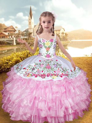 Rose Pink Straps Neckline Embroidery and Ruffled Layers Pageant Gowns For Girls Sleeveless Lace Up