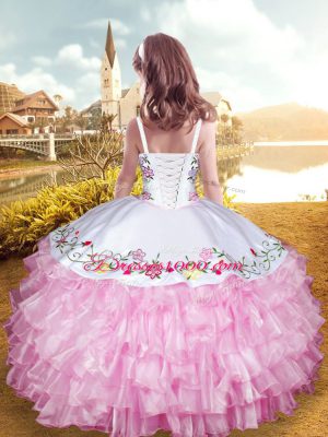 Rose Pink Straps Neckline Embroidery and Ruffled Layers Pageant Gowns For Girls Sleeveless Lace Up