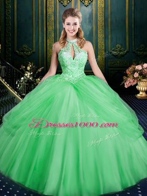 Fitting Floor Length Lace Up Vestidos de Quinceanera Green for Military Ball and Sweet 16 and Quinceanera with Beading and Pick Ups