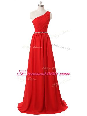 Fabulous Empire Bridesmaid Dress Red One Shoulder Chiffon Sleeveless Floor Length Side Zipper