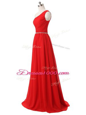 Fabulous Empire Bridesmaid Dress Red One Shoulder Chiffon Sleeveless Floor Length Side Zipper