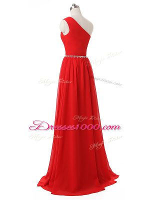 Fabulous Empire Bridesmaid Dress Red One Shoulder Chiffon Sleeveless Floor Length Side Zipper