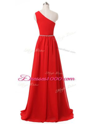 Fabulous Empire Bridesmaid Dress Red One Shoulder Chiffon Sleeveless Floor Length Side Zipper