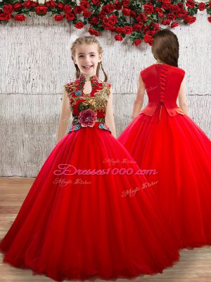 Red High-neck Lace Up Appliques Little Girls Pageant Dress Wholesale Sleeveless