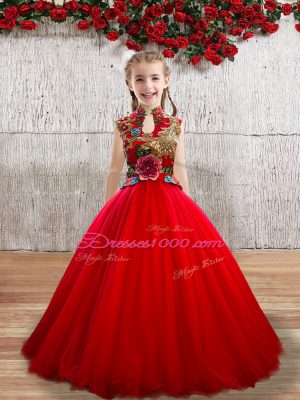 Red High-neck Lace Up Appliques Little Girls Pageant Dress Wholesale Sleeveless