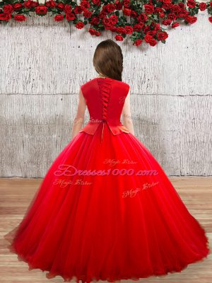 Red High-neck Lace Up Appliques Little Girls Pageant Dress Wholesale Sleeveless